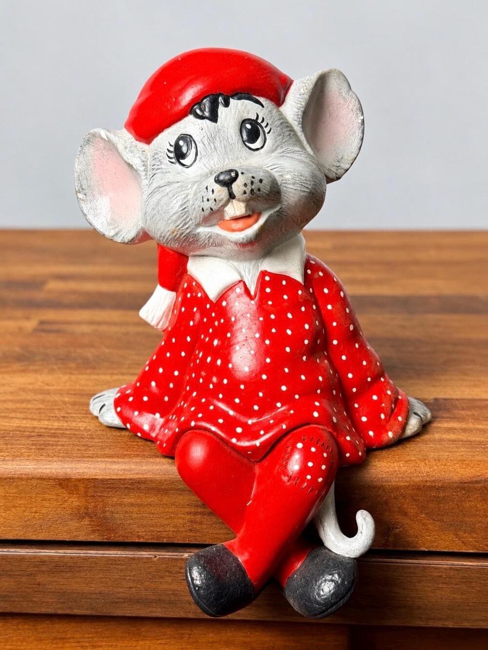 Vintage 1970s-1980s Christmas Mouse Shelf Sitter Polka Dot Pajamas Ceramic